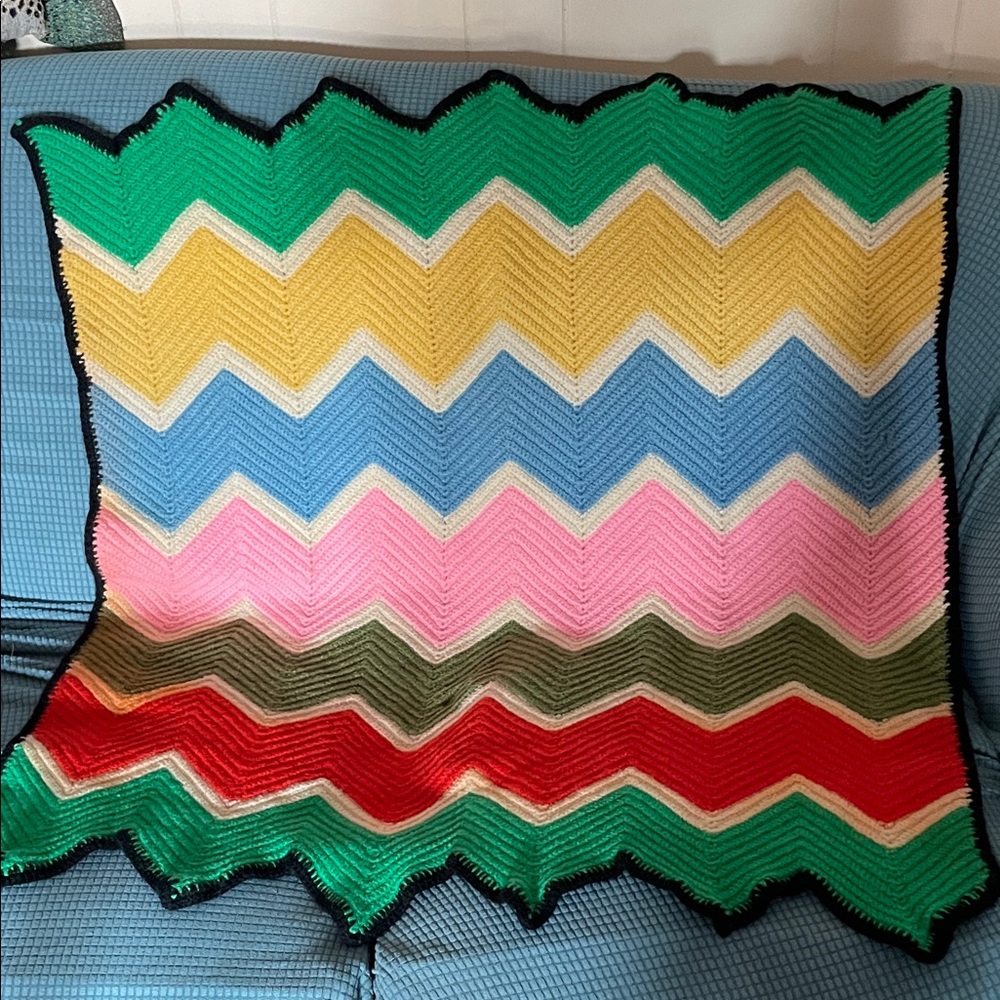 Colorful vintage hand crocheted afghan, lap or baby size